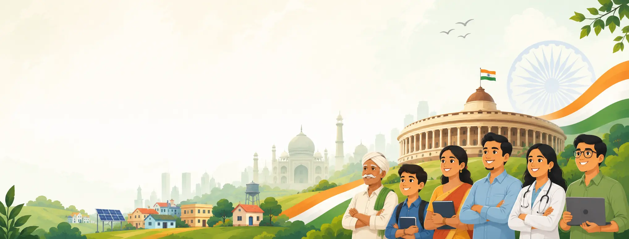 Illustration of Indian citizens in front of the Parliament building