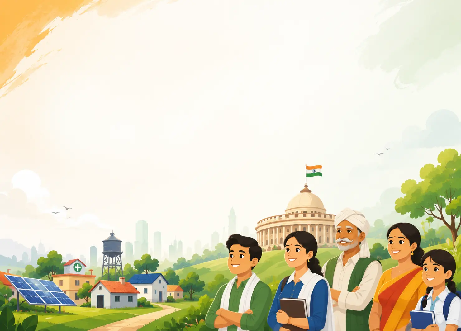 Illustration of Indian citizens in front of the Parliament building