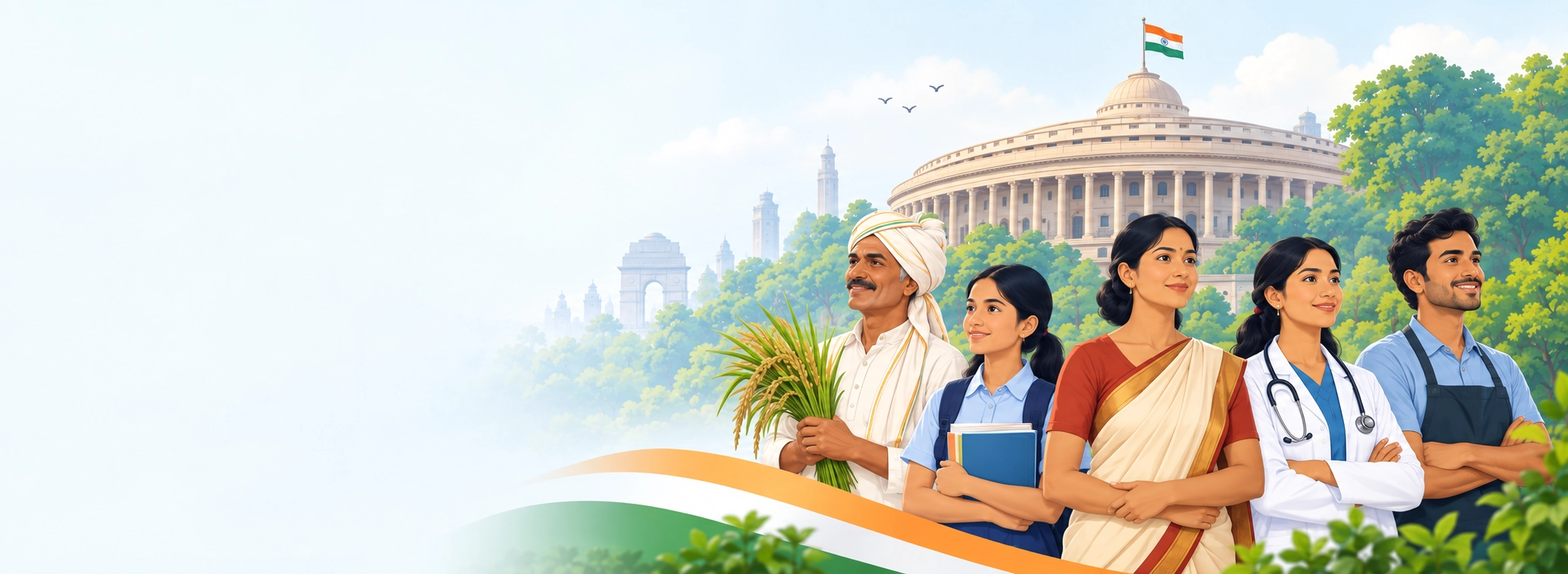Illustration of Indian citizens in front of the Parliament building